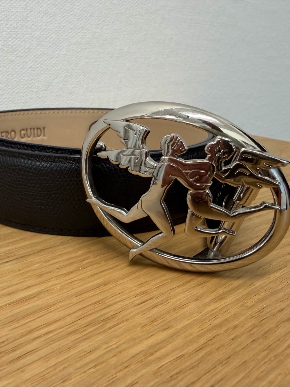 Piero Guidi Black Leather Belt with Silver Sculpted Runner Buckle